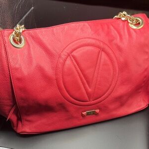 Valentino Vibrant Red Shoulder Bag with Gold Accents